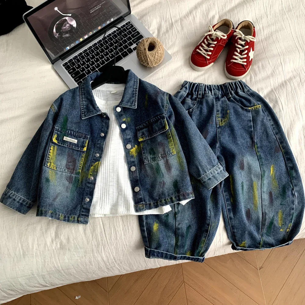 Children Clothing Boys Denim Set Trendy Graffiti Loose Coat Wide-leg Pants Fashionable Kids Handsome Two Piece Set