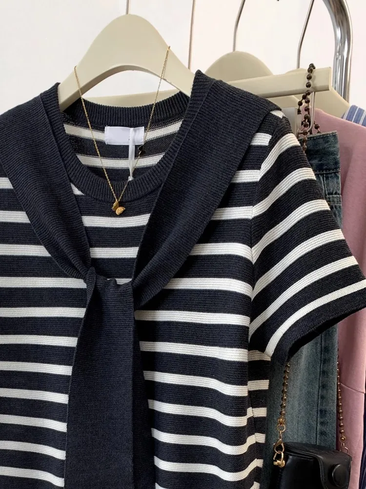 2025 verão novo manga curta malha topos design sentido nicho listra pulôver camiseta casual versátil solto topo