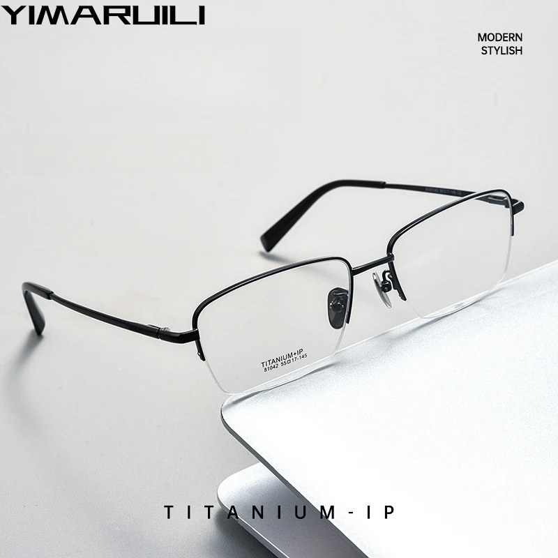 

YIMARUILI New Luxury Pure Titanium Men's Half-frame Glasses Business Ultra-light Optical Prescription Eyeglasses Frame BW81042F