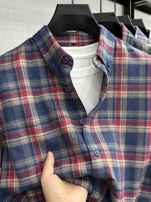 

High Quali Trendy Plaid Pure Cotton Retro Men's Long Sve irt Stand Collar Casual Sle Breathable Warm Anti-Wrinkle