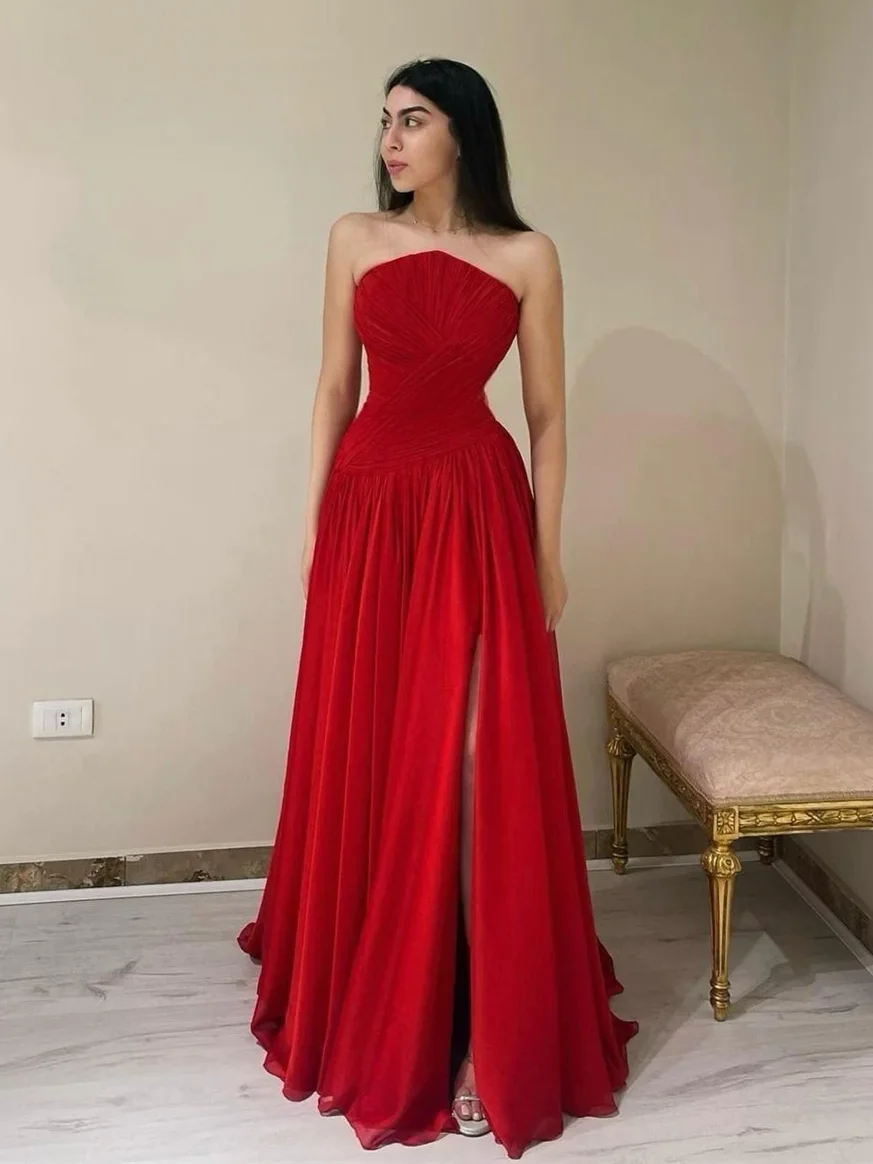 Abiti da ballo Elegante senza spalline A-line Celebrity Piega drappeggiato in chiffon Occasione Abito da sera Robe Femme Soiréeislavudenudenفkene