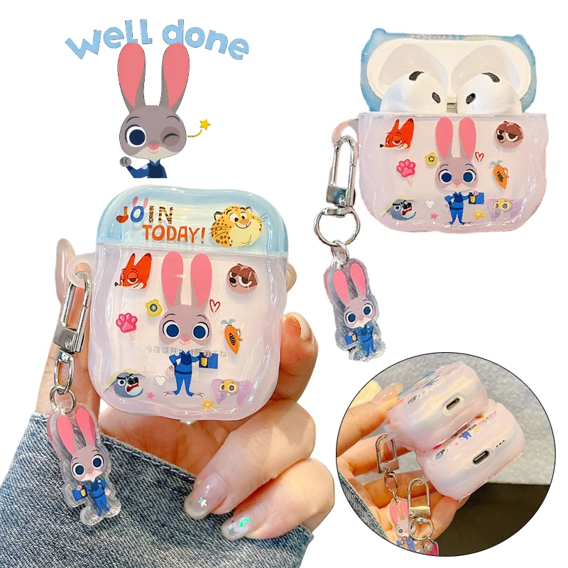 ديزني Zootopia حقيبة سماعة الاذن ل Airpods 1/2 3 4 برو الكرتون بولي TPU سماعة رأس مزودة بتقنية البلوتوث للصدمات الغطاء الواقي مع سلسلة المفاتيح