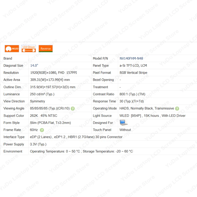 Imagem -05 - Ips Laptop Lcd 14 Nv140fhm-n48 N140hca-ead Eac Lp140wfh-spd3 Lp140wfa-sp B140han04.0 Display Matrix Panel Edp 30 Pin