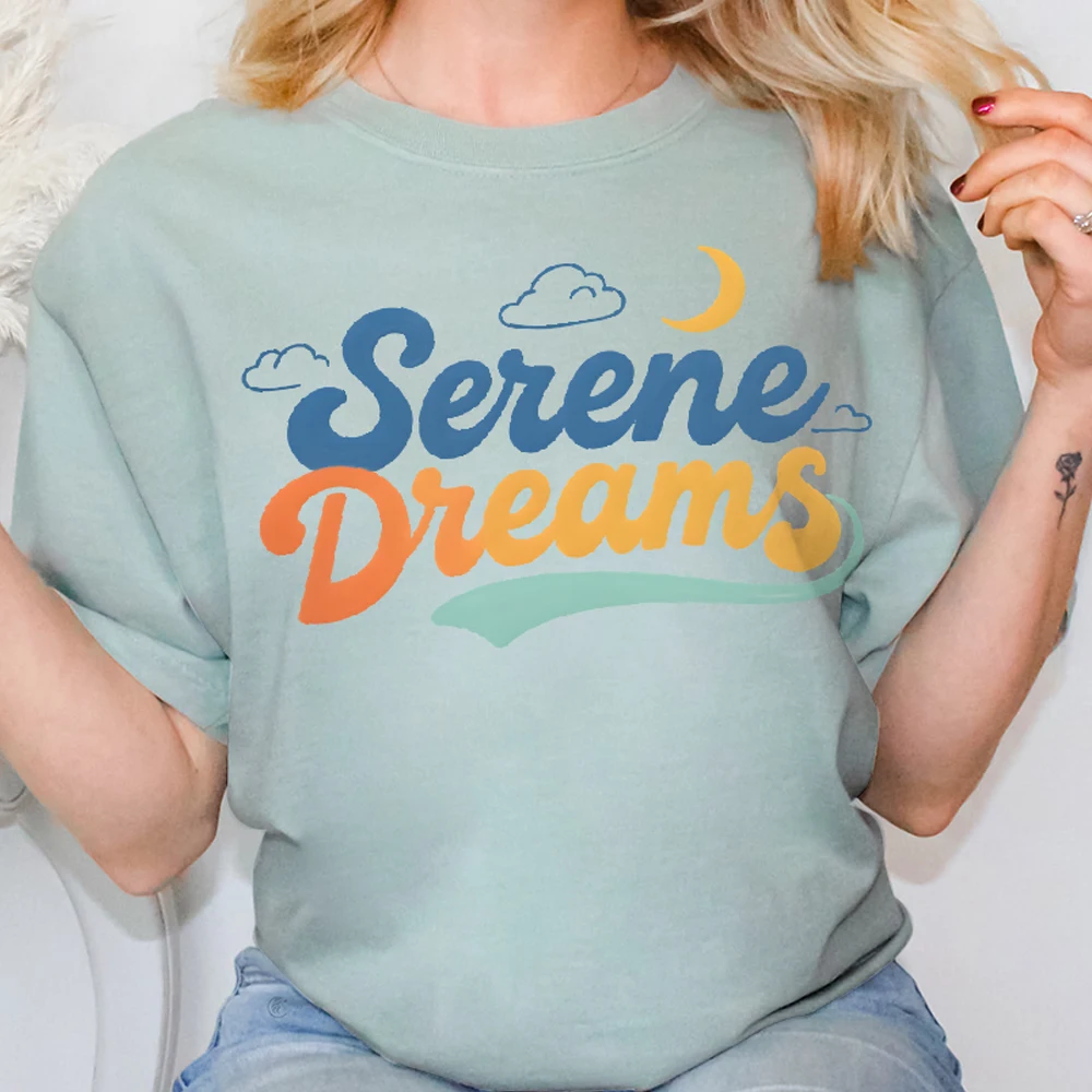 

Y2K Women‘s Clothes Cotton Casual T-Shirt Serene Dreams Letters Print Crew Neck Graphic Tees Street Wear Colorful Cute Cartoon