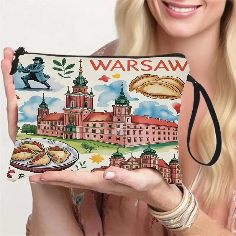 WARSAW Colorful Double-Sided Print Wrist Strap Cosmetic Bag, Lightweight Travel Coin Purse And Toiletry Bag, Showcasing The City
