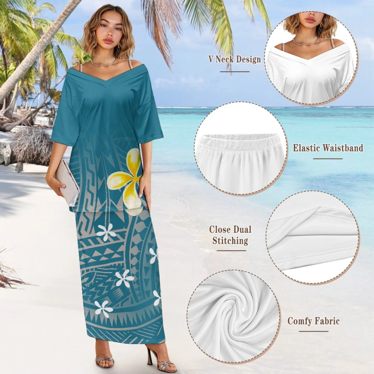 Conjunto de vestido de fiesta Tapa con tatuaje Tribal polinesio Puletasi samoano, media manga, cuello en V y hombros descubiertos, conjunto de vestidos de la Isla del Pacífico