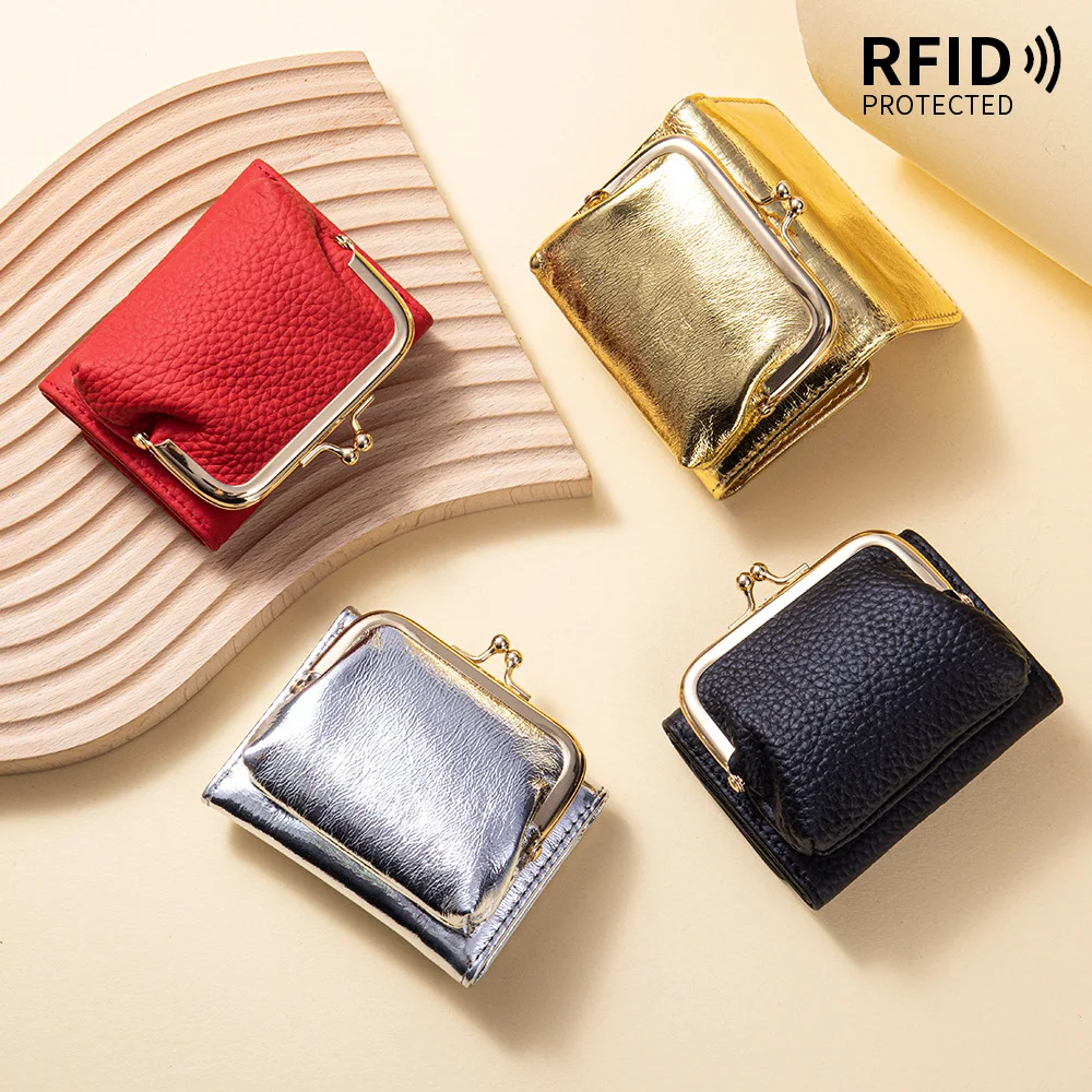 Western RFID Blocking Cowhide Leather Short Women Wallet Large Capacity Three Folded Clutch Bag for Ladies