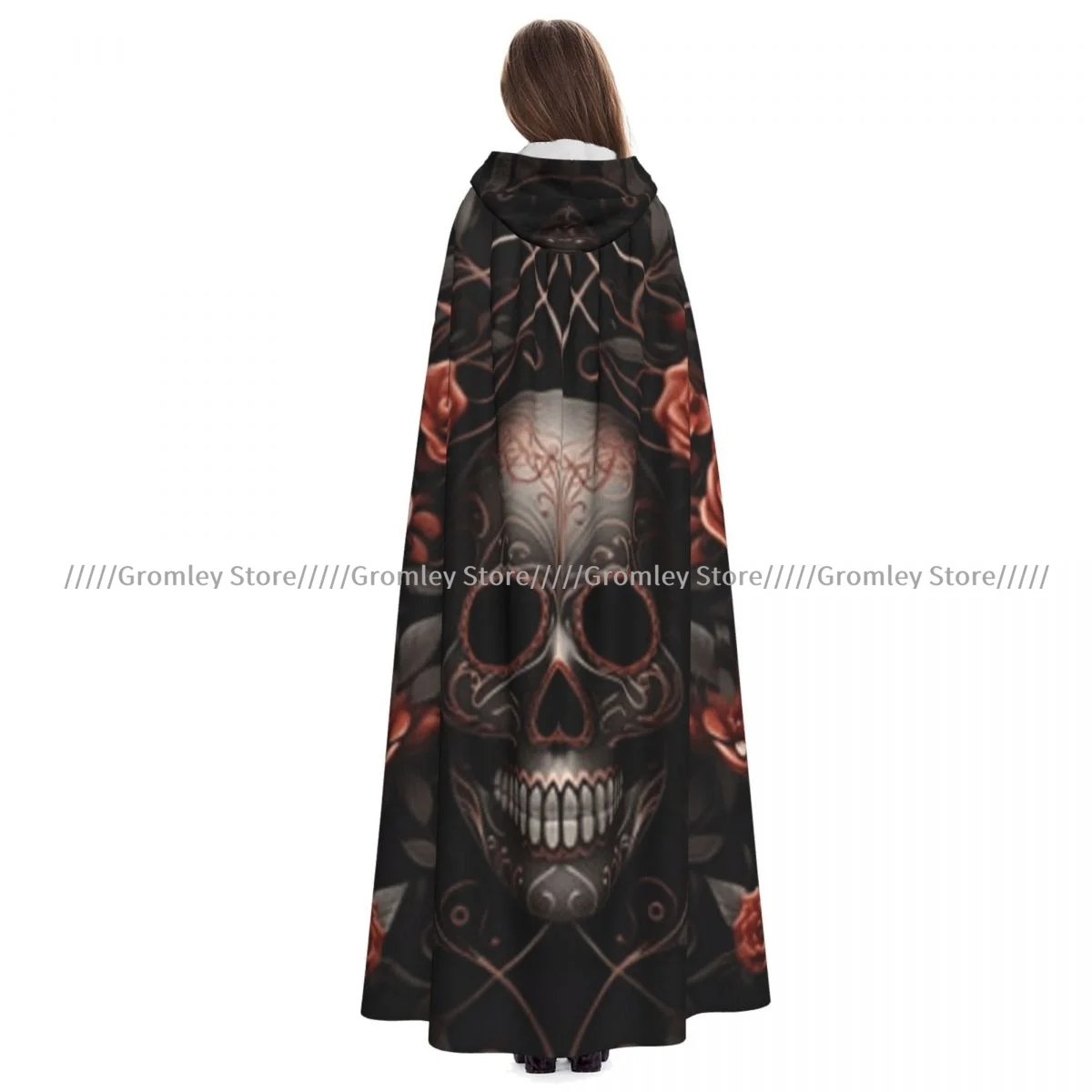 

Adult Skull With Roses And Floral-ornament Cloak Cape Hooded Medieval Costume Witch Wicca Vampire Halloween Costume Dress Coat