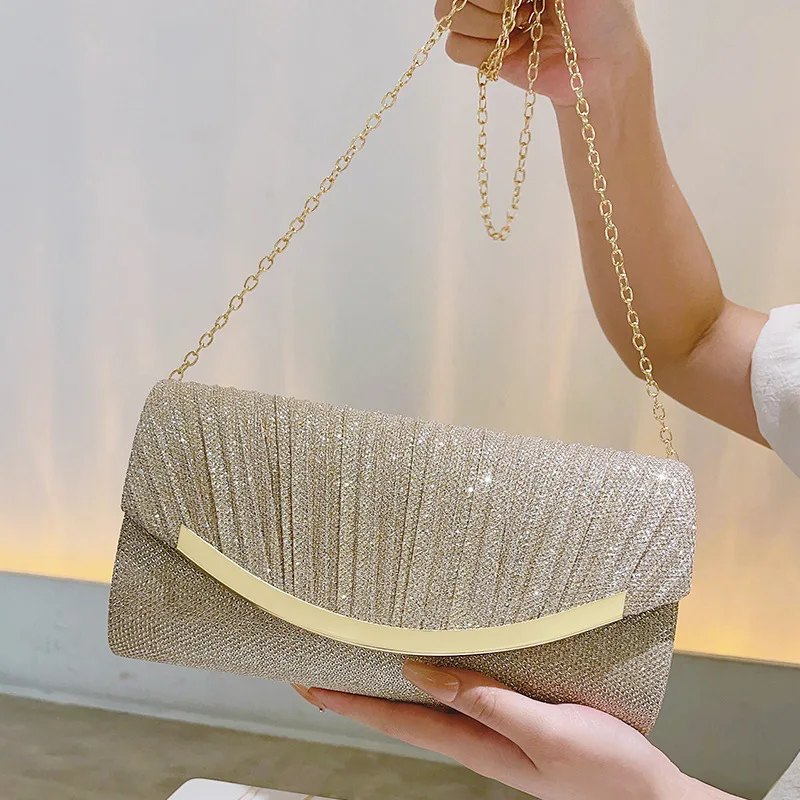 

Wedding Party Prom Folded Envelope Bag Women Luxury Shiny Chain Crossbody Bags Evening Clutches Lady Exquisite Purse Handbags