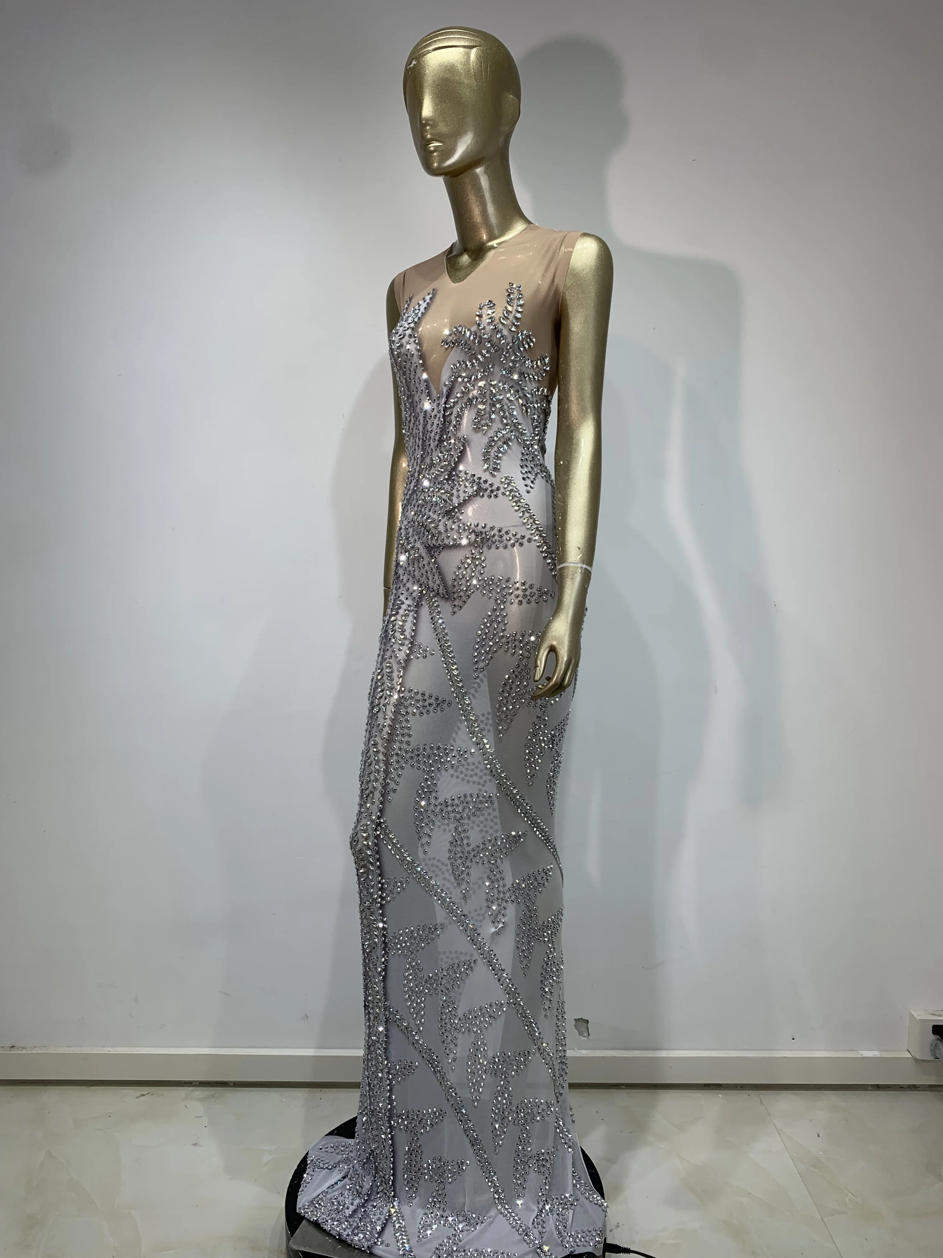 Luxus Strass Geburtstag Bodycon Kleid Frauen Sexy Durchsichtig Stretch Abend Prom Kostüm Sänger Leistung Bühne Outfit ﻿