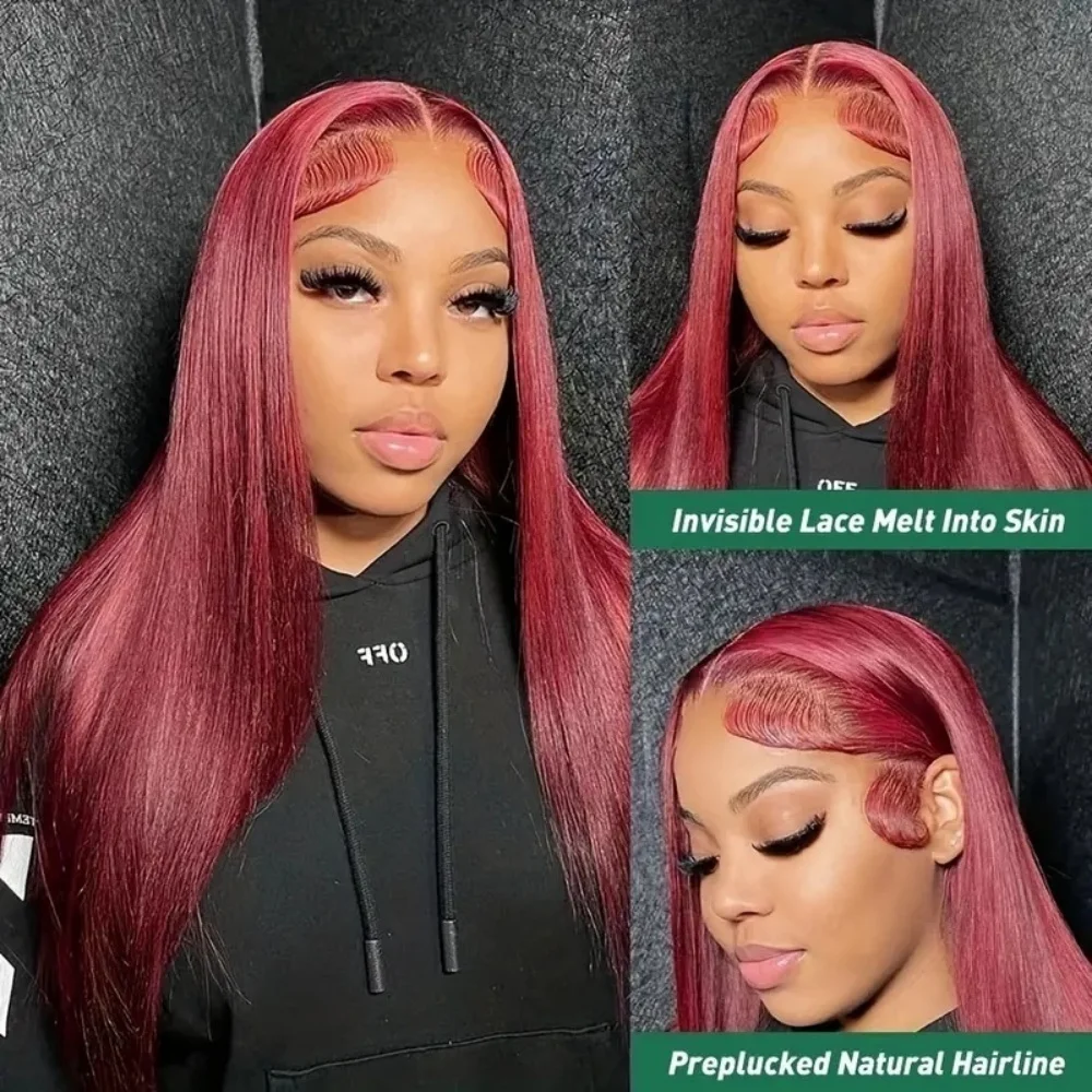 

Straight Burgundy 13x4 Transparent Lace Front Wigs Human Hair Red Color 220%Density Pre Plucked Lace Frontal Wig For Women 99J