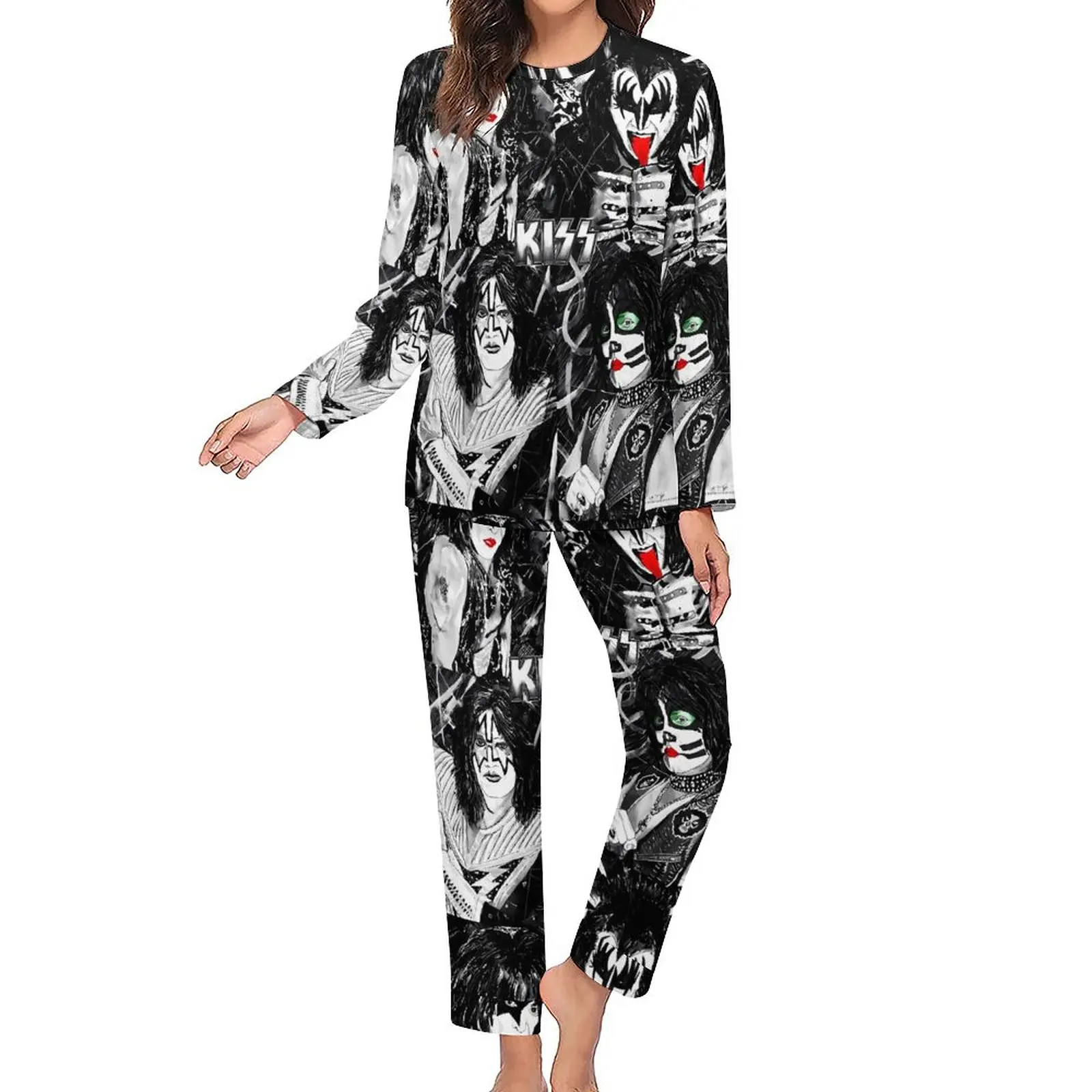 Kiss Band Pajamas Autumn Rock Band Sleep Oversize Sleepwear Female Long Sleeve Printed Fashion Pajama Sets