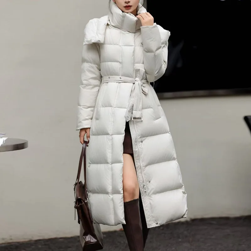 2026 Winter Heart Women's Down Jacket White Duck Down Commuter Hooded Long Down Jacket