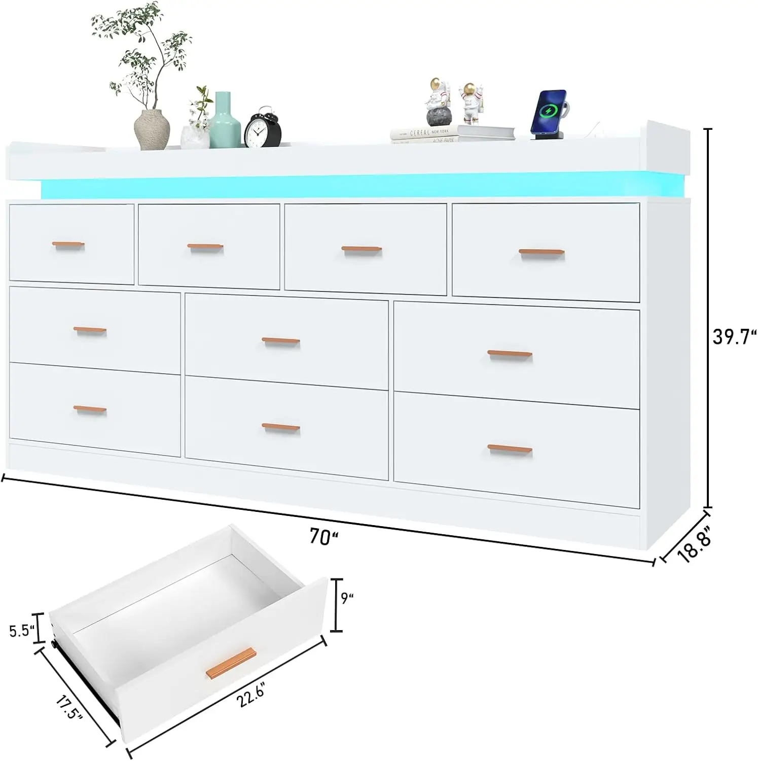 10 Drawer Dresser with LED Light and Charging Station, Modern Chest of Drawers for Closet, Wide Drawer Organizer Cabinet , White