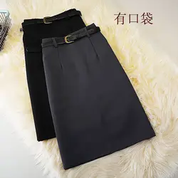 Clothes Girl Temperament Solid Color Korean Women Office Ladies A Line High Waist Elegant Belt Formal Black Female Casual Skirt