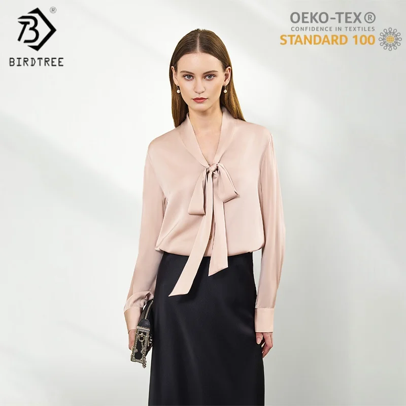 Birdtree, OEKO-TEX, 90% Silk Ribbon Blouse, Women Full Sleeve Tops, Commuting, Single Breasted, 2025 Autumn Shirt T5D206JF