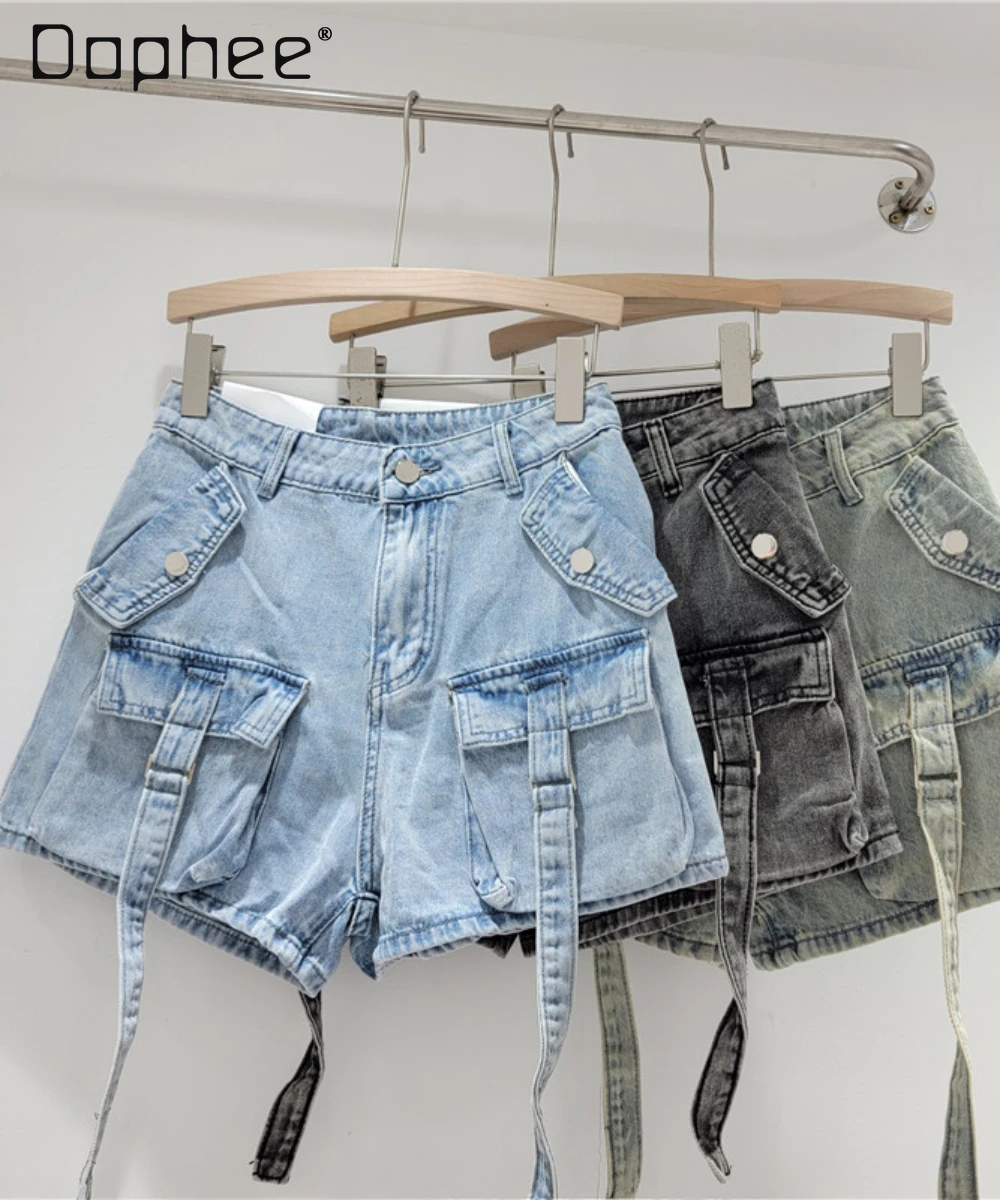 Hot Girl Style Lace-up Denim Shorts for Women 2024 Spring and Summer New Retro Casual Slimming Sheath Denim Booty Shorts Female