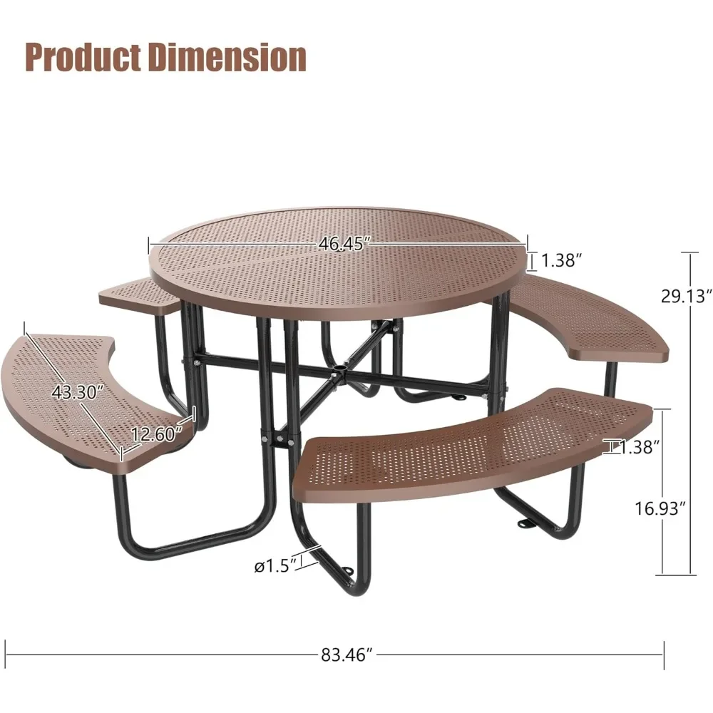 Round Metal Picnic Table with Umbrella Hole, Steel Portable Picnic Table for Outdoor, Patio, Garden, Courtyard