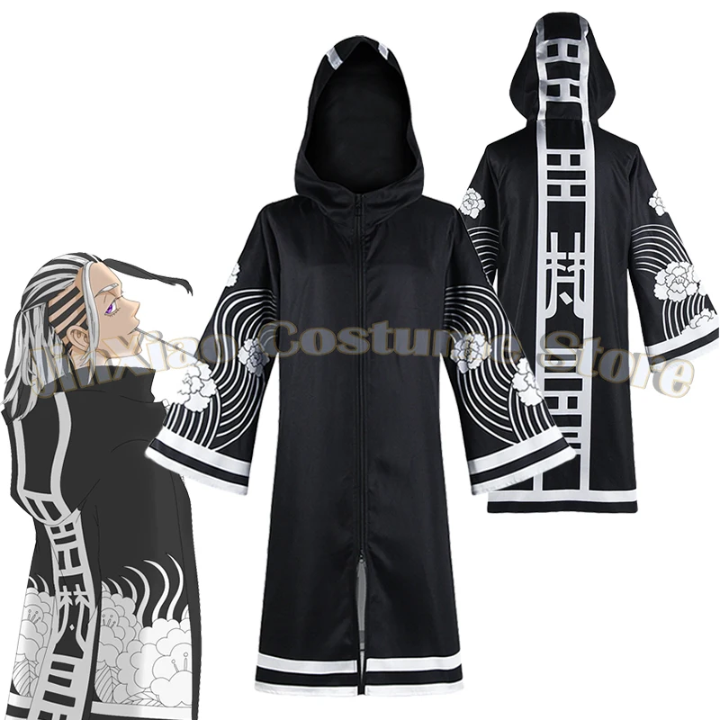 Disfraz de Cosplay de Anime Tokyo Wakasa Imaushi Senju Kawaragi Brahman, Abrigo Largo Negro con Capucha, Capa con Patrón de Ondas Florales