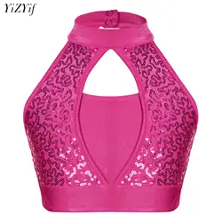 Girls Sequin Crop Top Modern Jazz Hip Hop Street Dance Performance Competition Costume Sleeveless Racerback Tank Top Vest