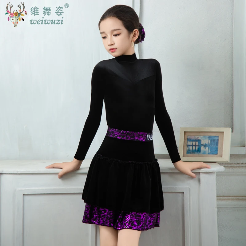 Crianças veludo vestidos latinos ginástica dancewear competição dança traje cha cha vestido de dança prática roupas topos saia