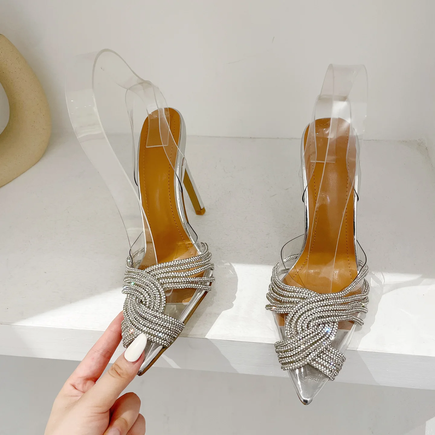 Sexy Bling Rhinestones Narrow Band Cross Stiletto Sandals Women Pumps Pointed Clear PVC Back Strap High Heels Club Banquet Shoe