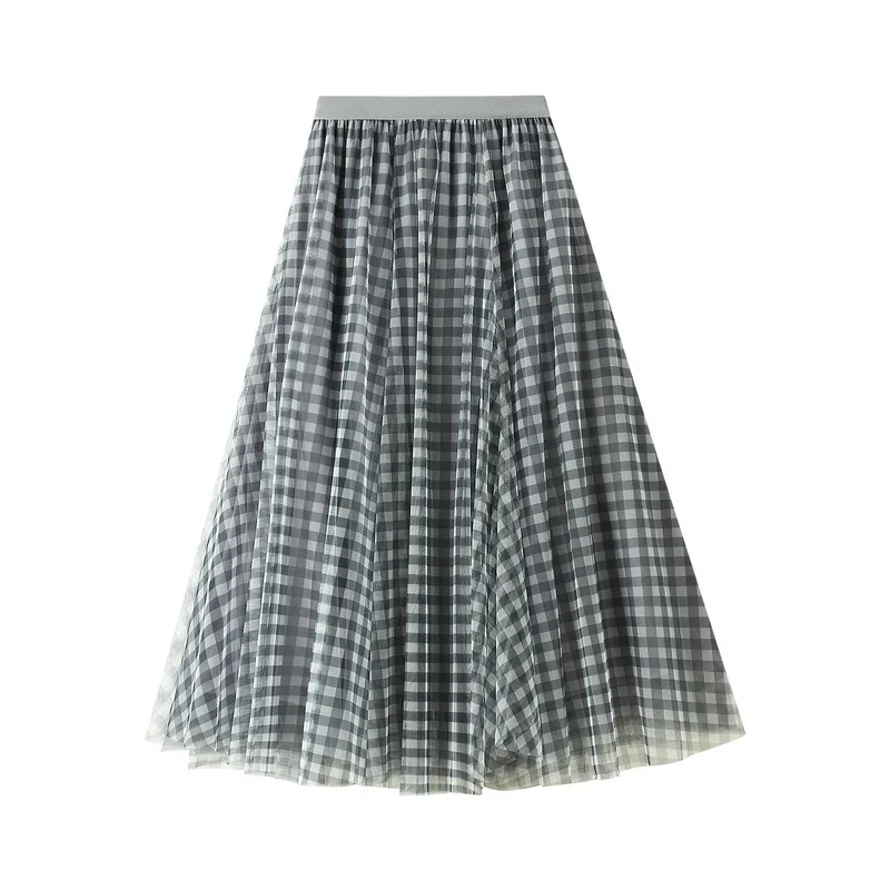 Retro Checked Tulle Skirt Large Swing High Waist Slim Mid-Length Elastic Waist Spring and Summer Korean Style Plaid Long Skirts