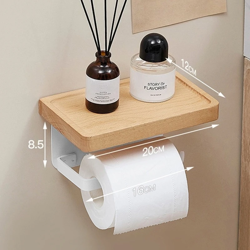 Walnut Wood No Drill Toilet Paper Holder Creative Wall Mount Bathroom Roll Tissue Storage Rack Household Organize view 5