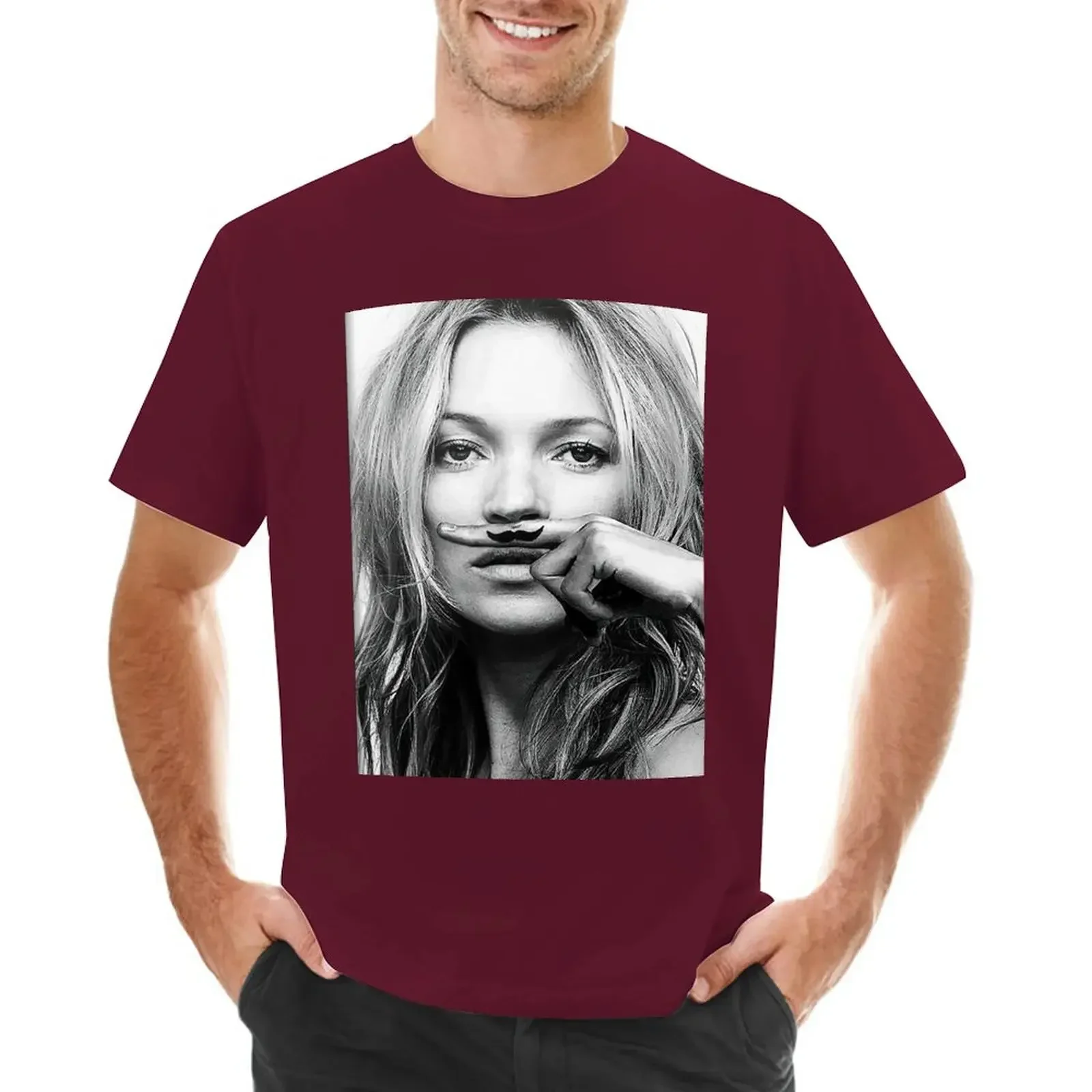 Kate Mustache Moss Black and White Photograph T-Shirt customs cotton mens graphic t-shirts hip hop Short Sleeve Round Collar