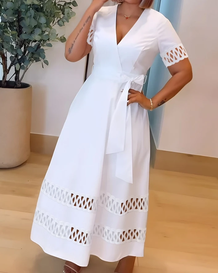 

Low cut short sleeved casual lace up hollow detail dress, new women's clothing for summer 2025