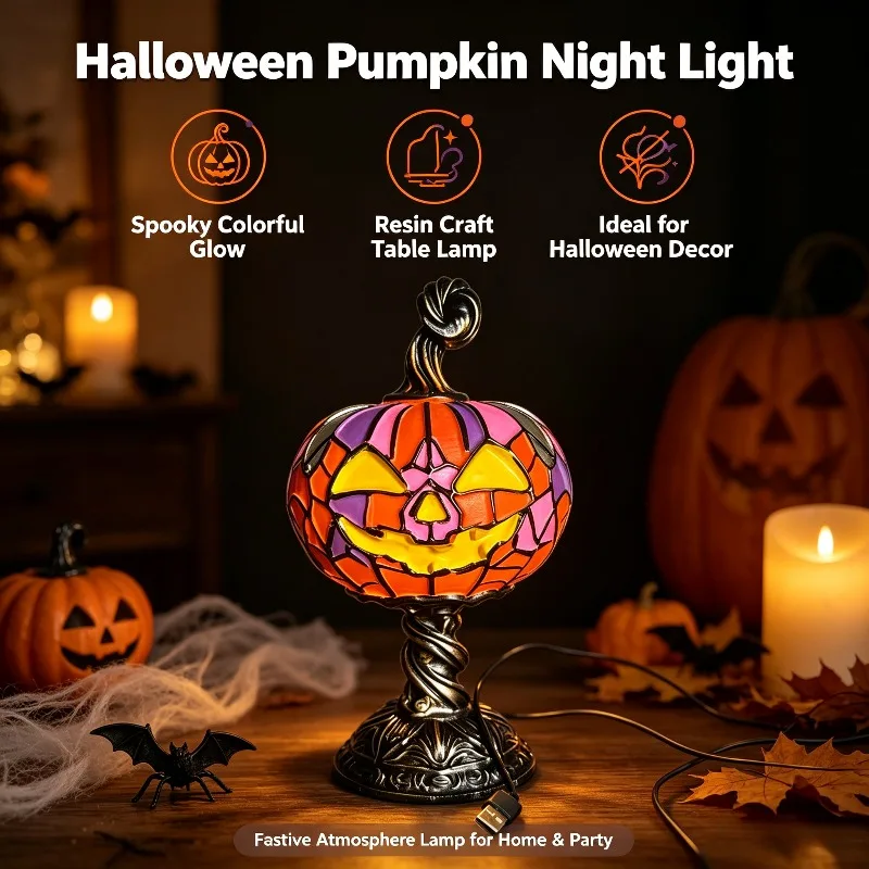 Halloween Pumpkin Table Lamp Vintage Style Resin Pumpkin Night Light USB Powered, Desktop Decorative Ornament