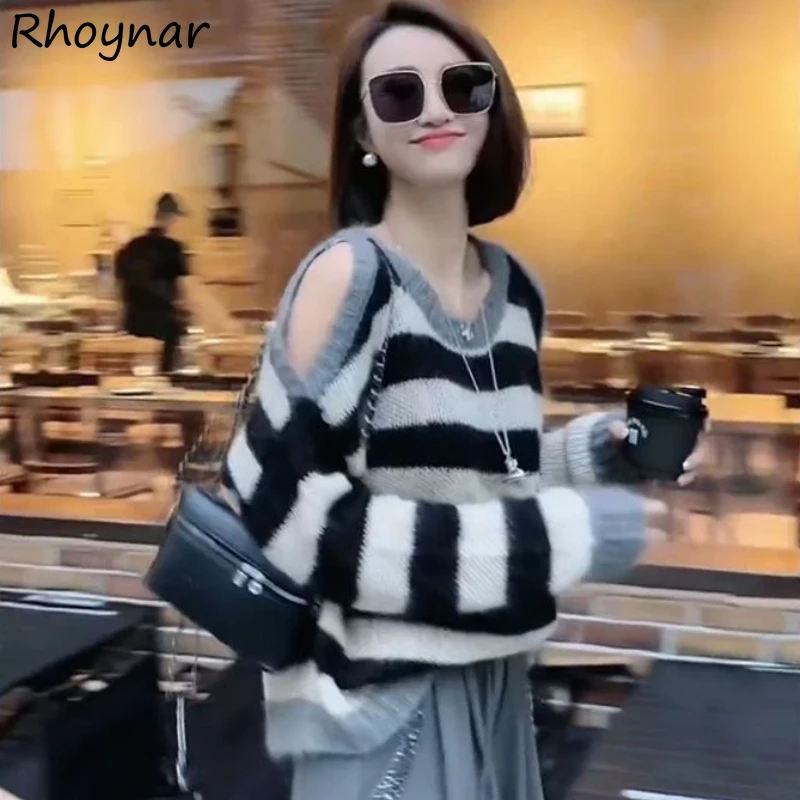 Off Shoulder Sweater Pullovers Women Striped High Street Panelled Temper Vintage Knitting European Fashion Clothing O-neck Cozy