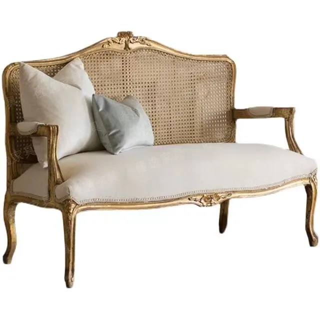 LMM retro all-solid wood double sofa French rattan gold old sofa