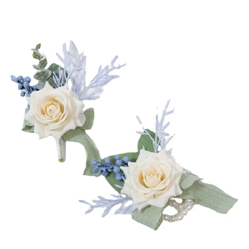 Boutonniere e corpetto da polso matrimonio simulazione floreale fiore celebrazione aziendale apertura ospiti busto fiore a mano bianco Beige