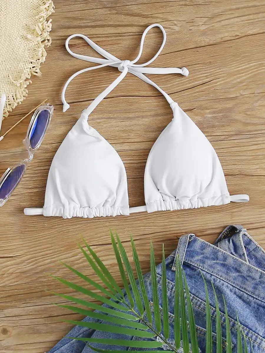 

White Solid Triangle Halter Bikini Top with Adjustable Tie Straps