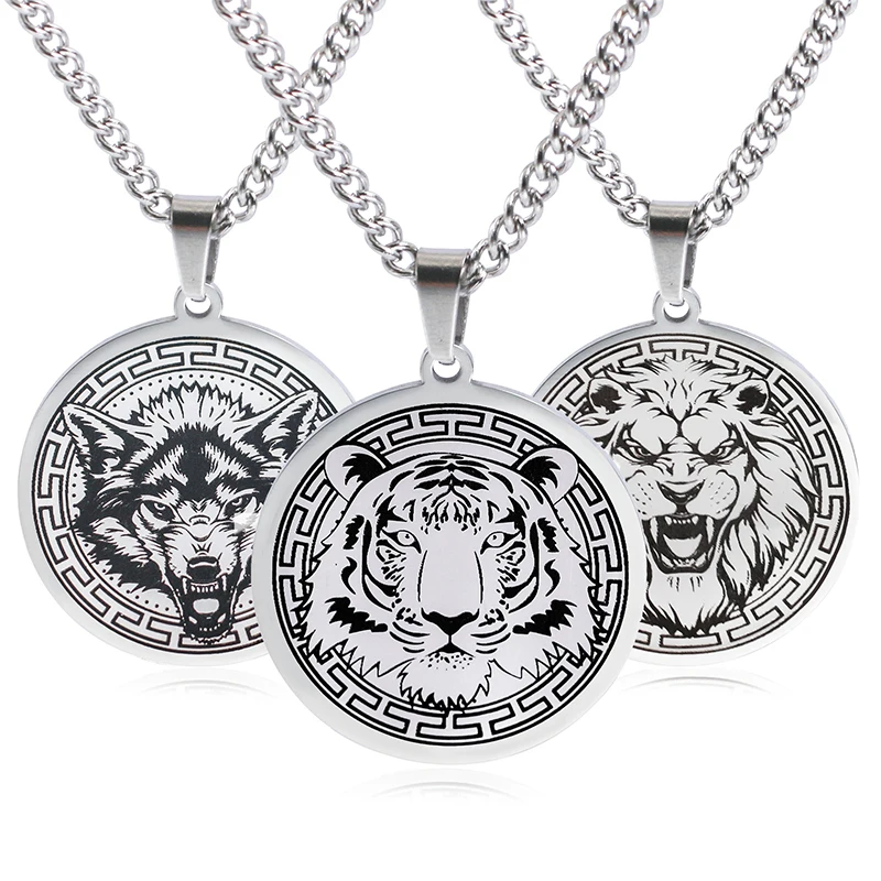 Punk Tiger Lion Bear Wolf Necklace Stainless Steel Round Animal Pendant Necklace For Men Hiphop Jewelry