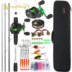 Sougayilang Baitcasting Fishing Rod Set Carbon Fiber 4Sections Casting Rod and Metal Spool Reel for Freshwater Bass Fishing Set
