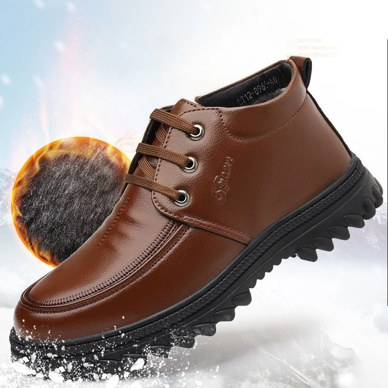 

Мужские зимние теплые высокие кожаные ботинки, повседневная обувь на флисовой подкладке для холодной погоды, удобная прогулочная обувь