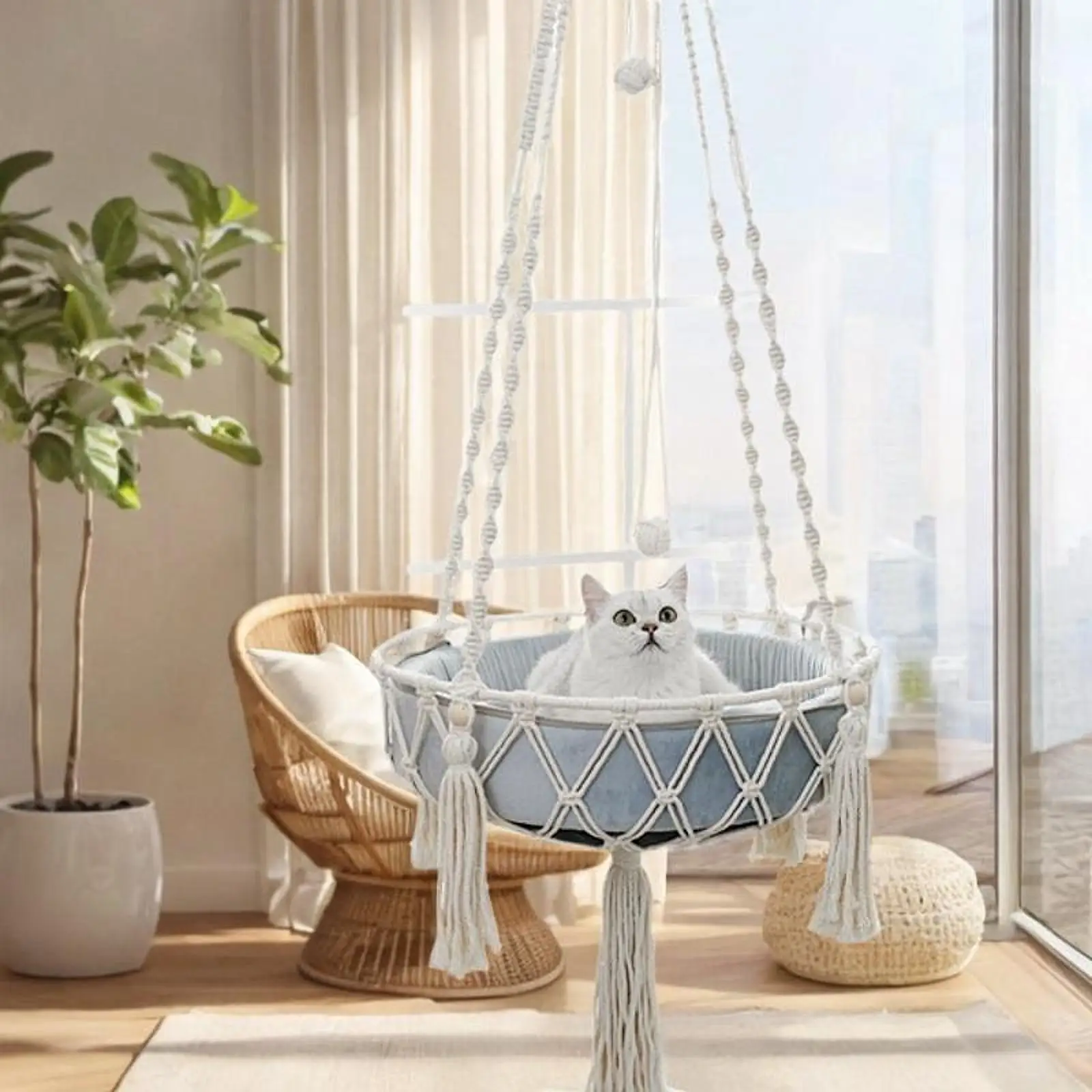 Cat Hammock Handทออุปกรณ์สําหรับสัตว์เลี้ยงBohemianแมวประหยัดพื้นที่แขวนแมวหน้าต่างPerchสําหรับปีนเขาBasking Sleeping