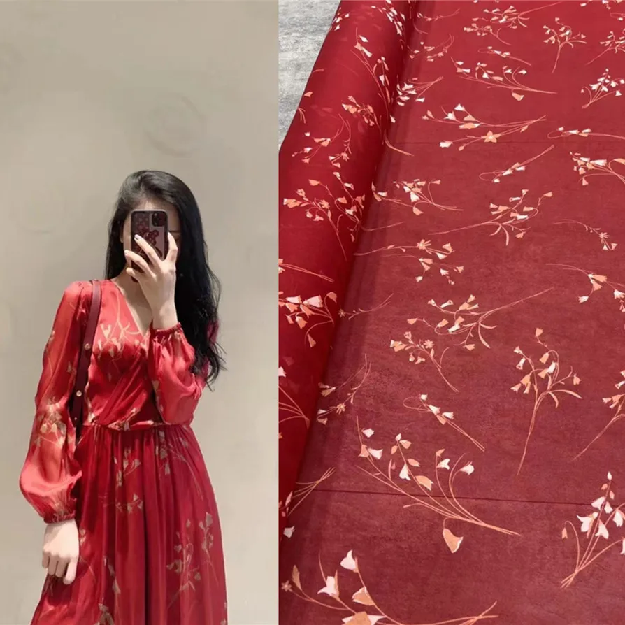 High-end Temperament Red Printed Georgette Sheer Shirt Dress Silk Fabric Brocade Tulle Cloth for Sewing Clothes Eco-Friendly DIY