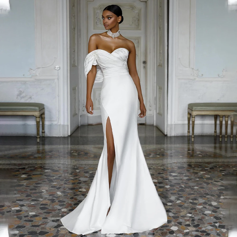 

Elegant One Shopulder Pleat Satin Mermiad Wedding Dresses Side Slit Custom Made 2023 Vestido De Noival