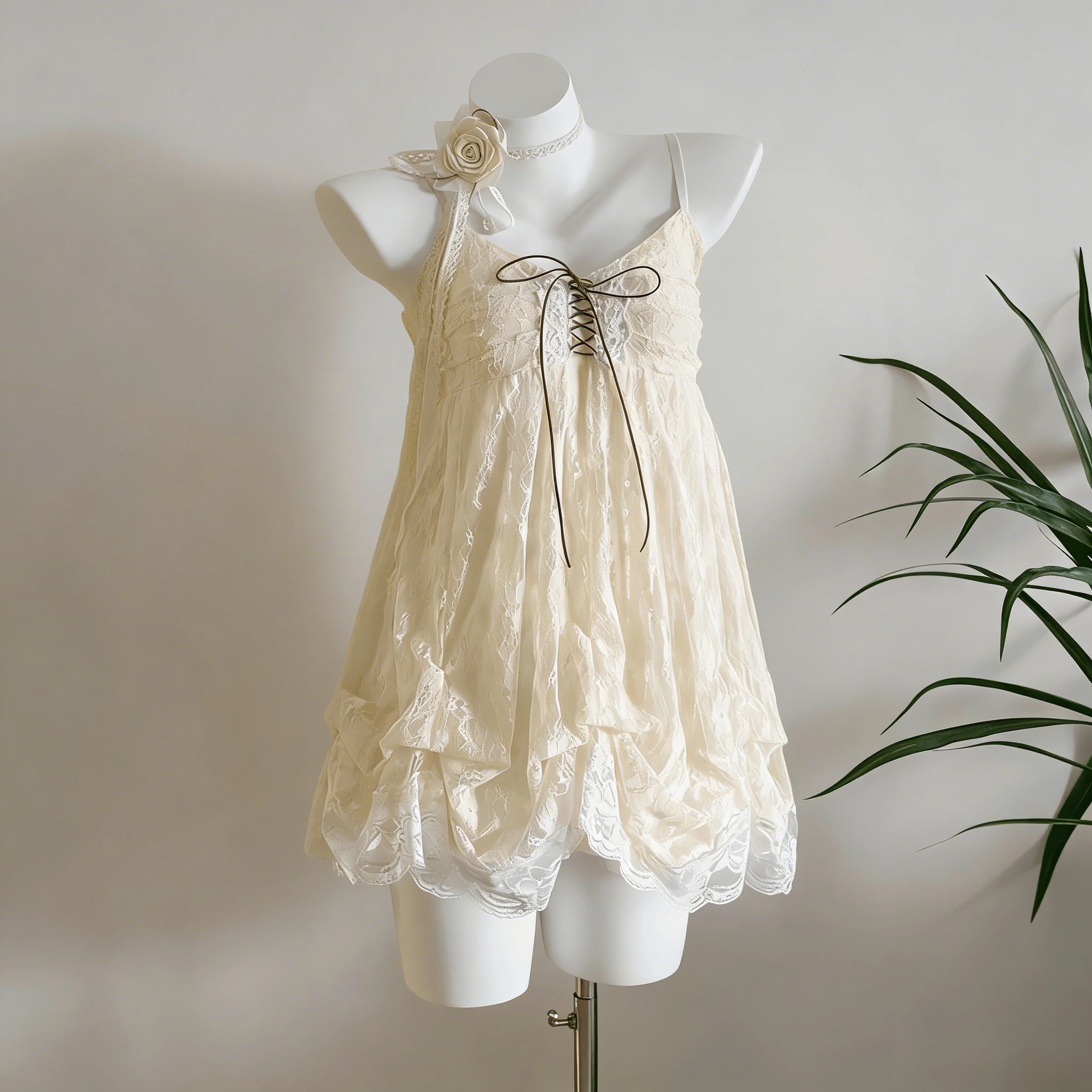 French Vintage Dress Lace Tulle Trim Ruffle Spaghetti Strap Lace Up Front Bubble Hem Mini Dress Sweet Fairy Style Women Wear view 5