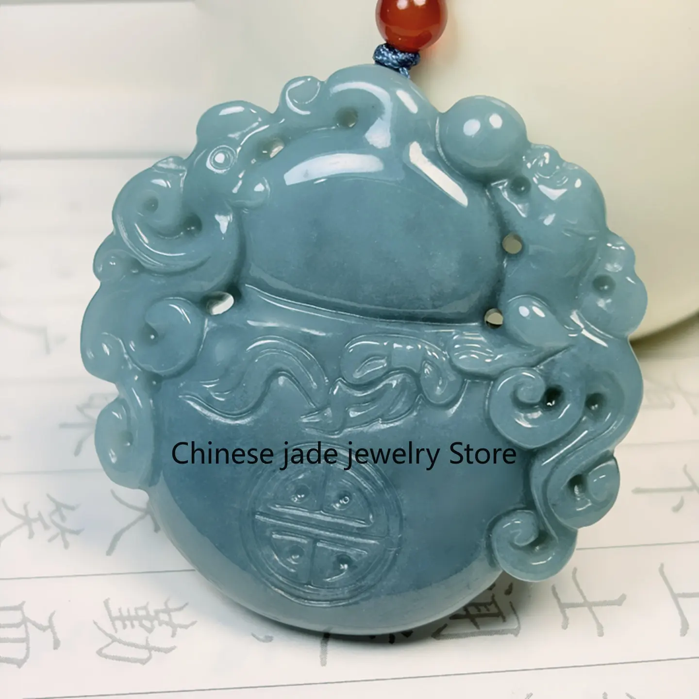 Genuine jadeite A product, gourd jade pendant, male and female Fulu jade pendant, blue water jade, antique dragon and phoenix pe