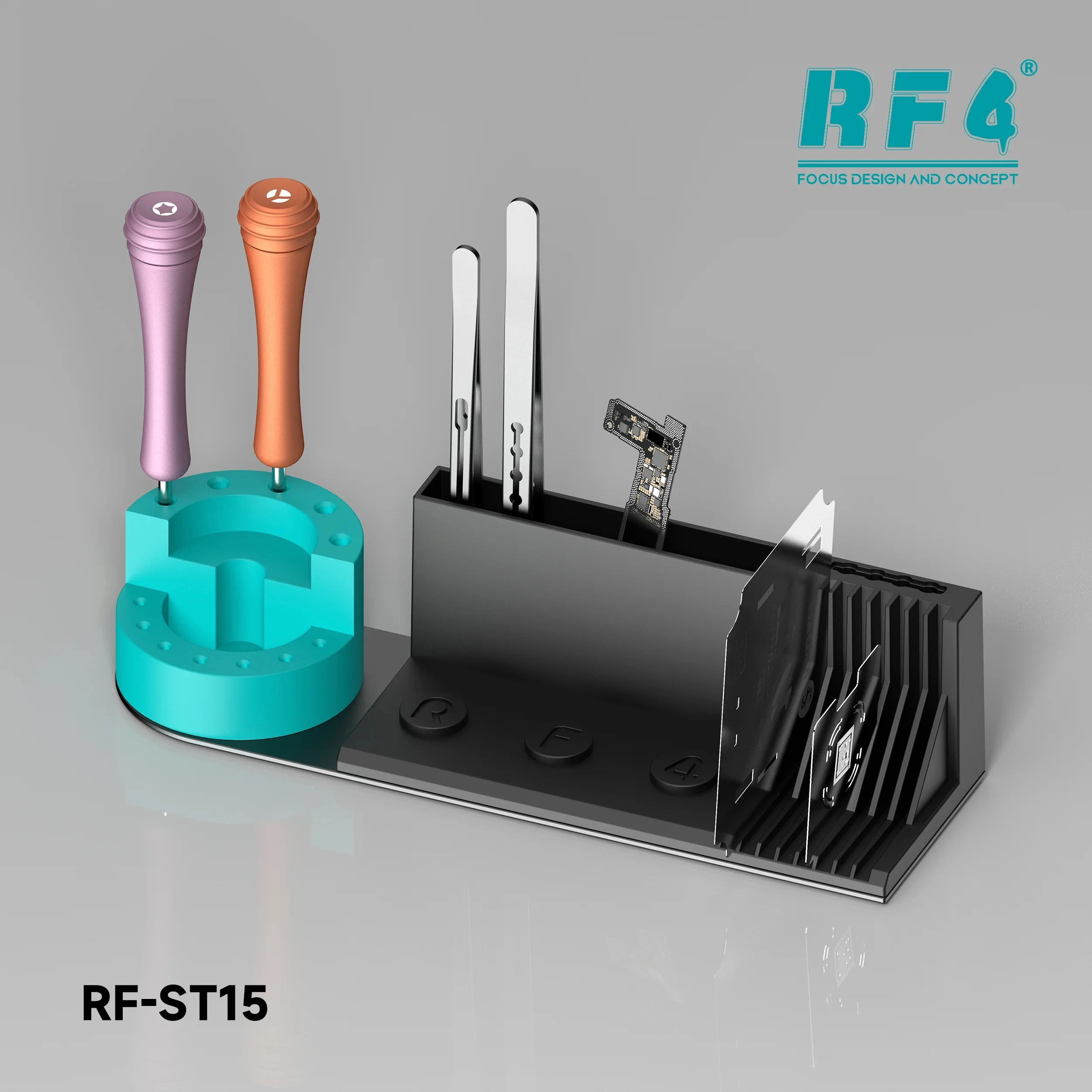 RF4 RF-ST15 Multifunctional Rotating Screwdriver Holder with Solder Stencil Storage Organizer Rack for Phone Repair Tool Station