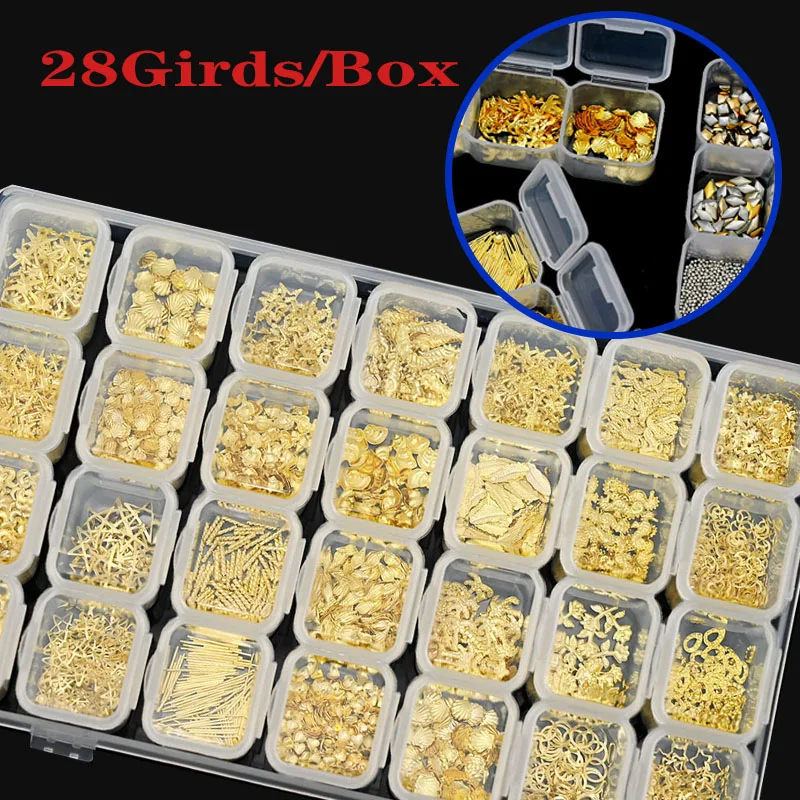 

28Grids/Box Mixed Style Nail Art Gold Silver Metal Rivet Studs Shell Pearl Nail Sequins 3D DIY Charms Decoration Accessories