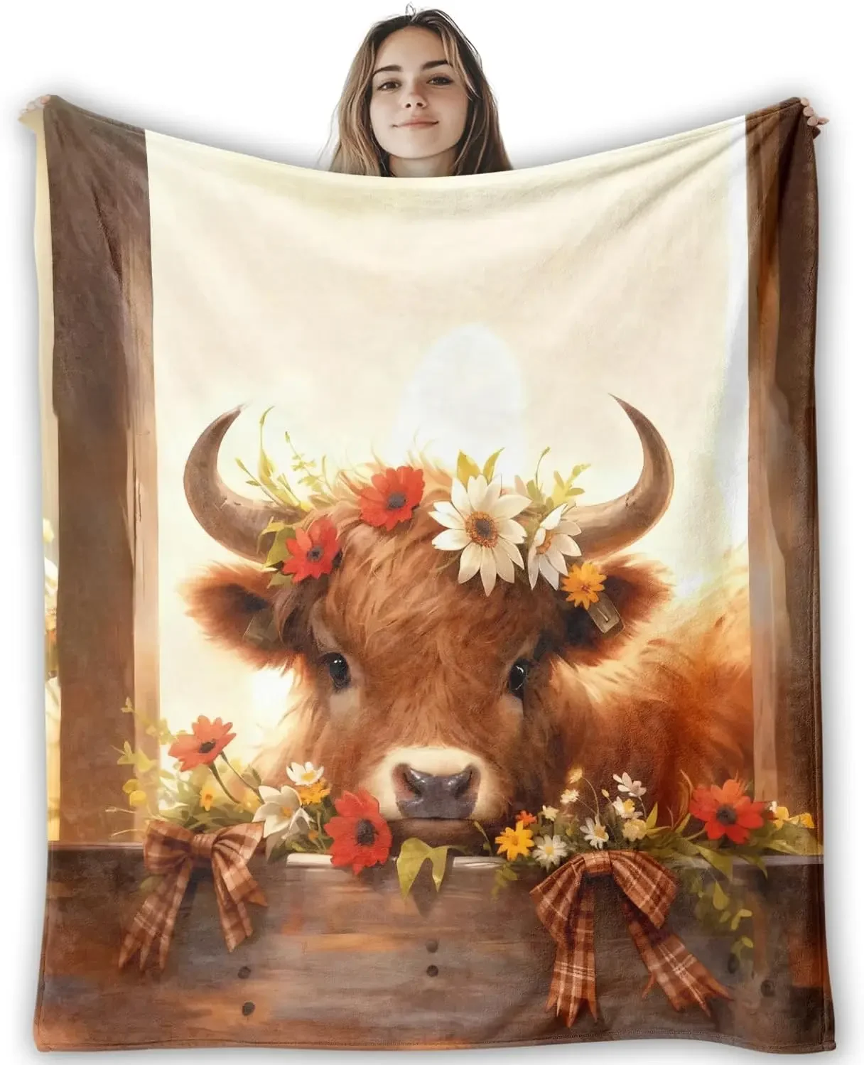 Highland Cow Blanket Autumn Floral Flower Garland Throw Blanket Brown Cow Watercolor Painting Art Bedding Blanket for Women