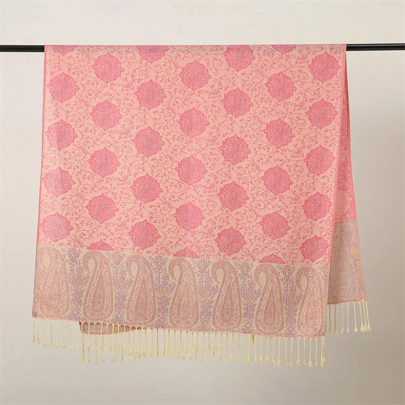 Blush Pink Vintage Paisley Jacquard Scarf Women Tassel Trim Shawl Wrap Palace Style Scarves For Autumn Winter Formal Event Gift view 6