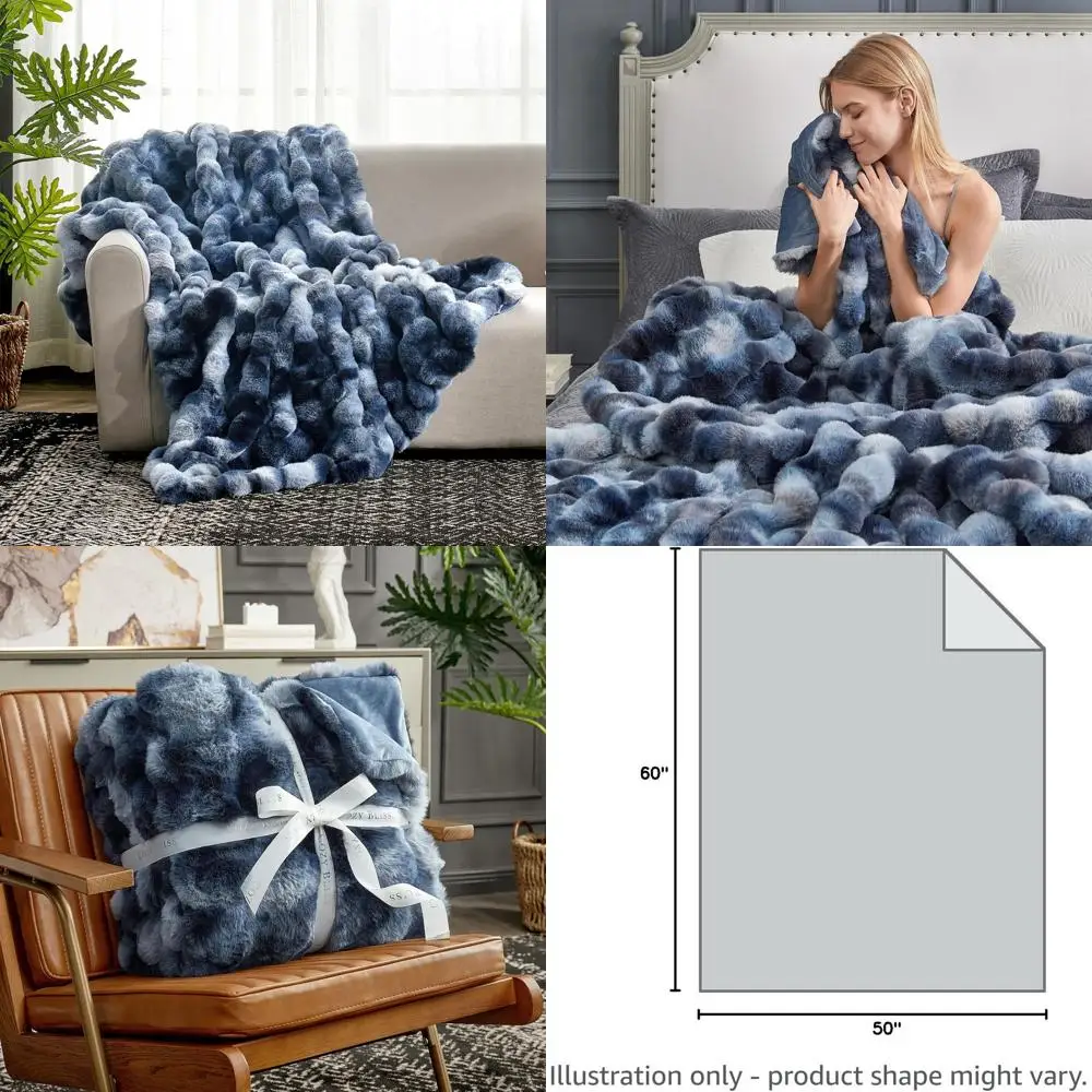 

Уютный плед из искусственного меха с эффектом тай-дай, синий, 50x60 дюймов, плюшевый и толстый, для диванов и спален