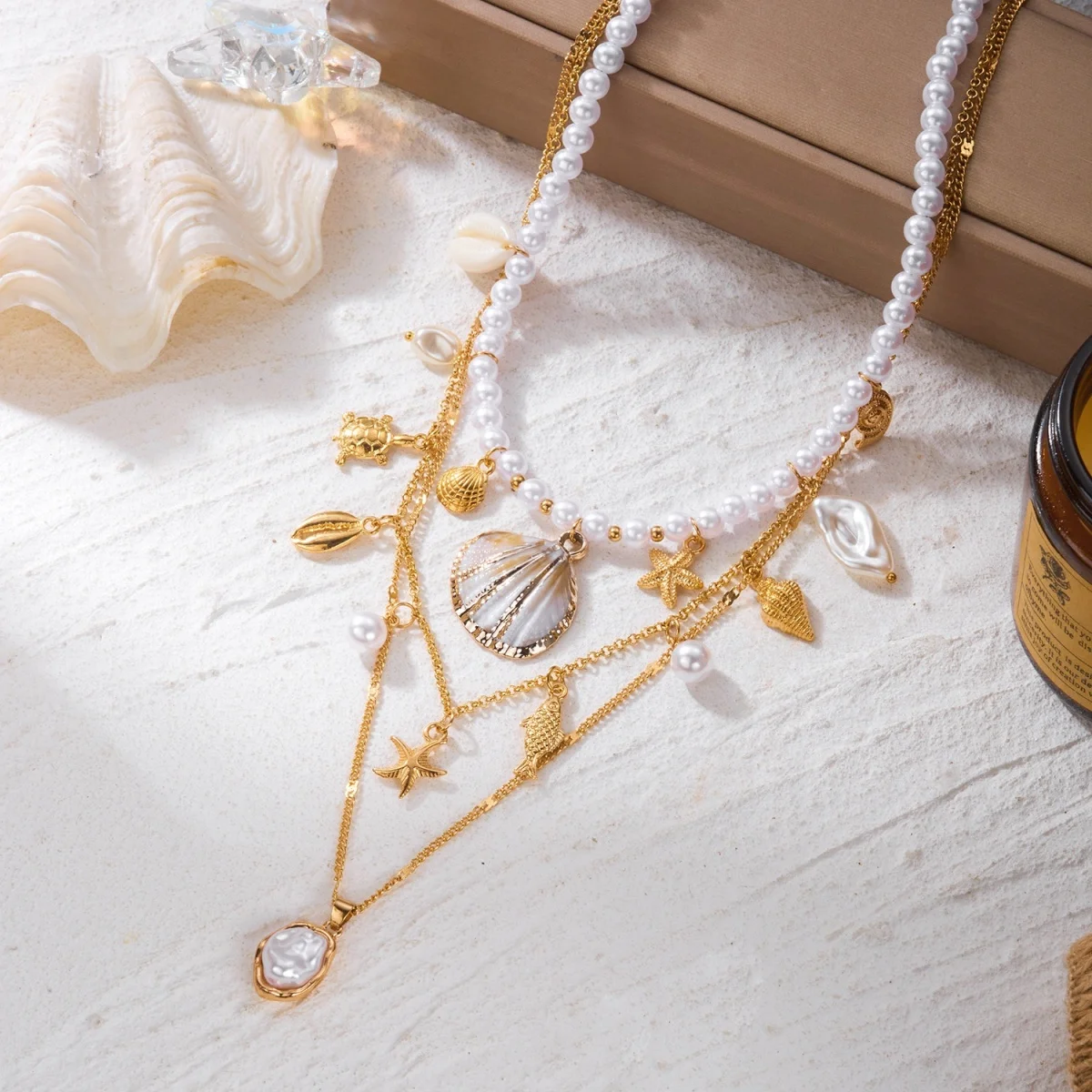 Barocke Halskette mit unregelmäßigen Imitationsperlen, Muscheln, Seesternen, Schnecken und Fischen für Damen und Herren, Bohemian Ocean Beach Schmuck – Detail 12
