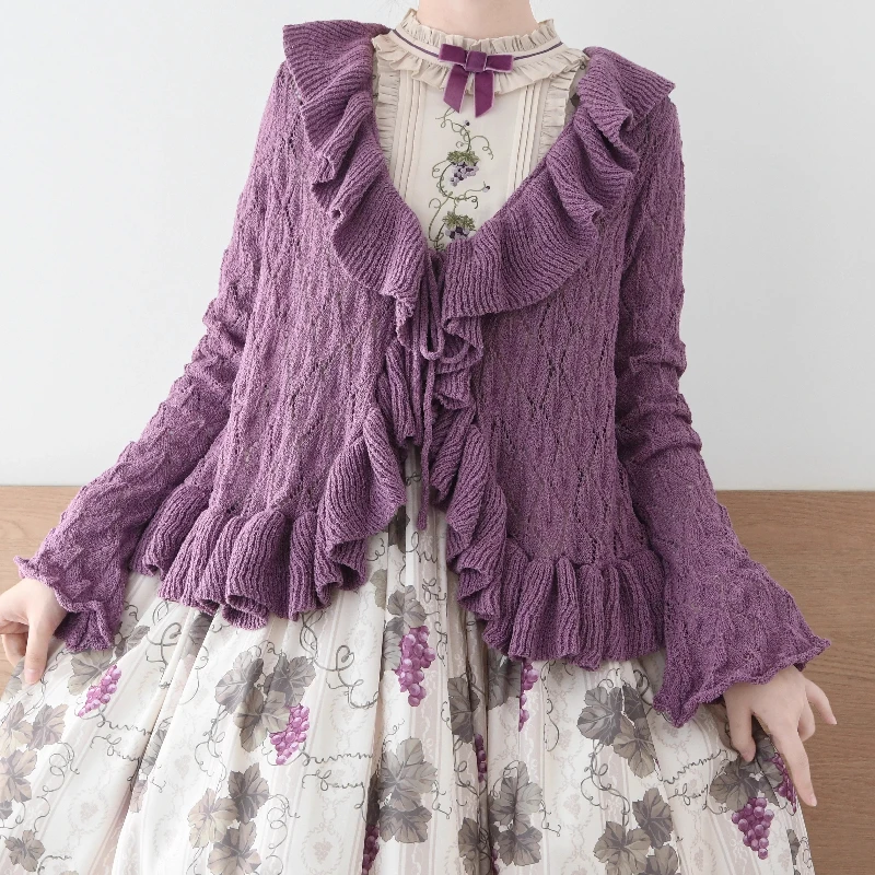 

Japanese Style Lolita Sweet Sweaters Women Autumn Winter Cute O Neck Ruffles Knitted Cardigan Female Vintage Elegance Y2k Coat